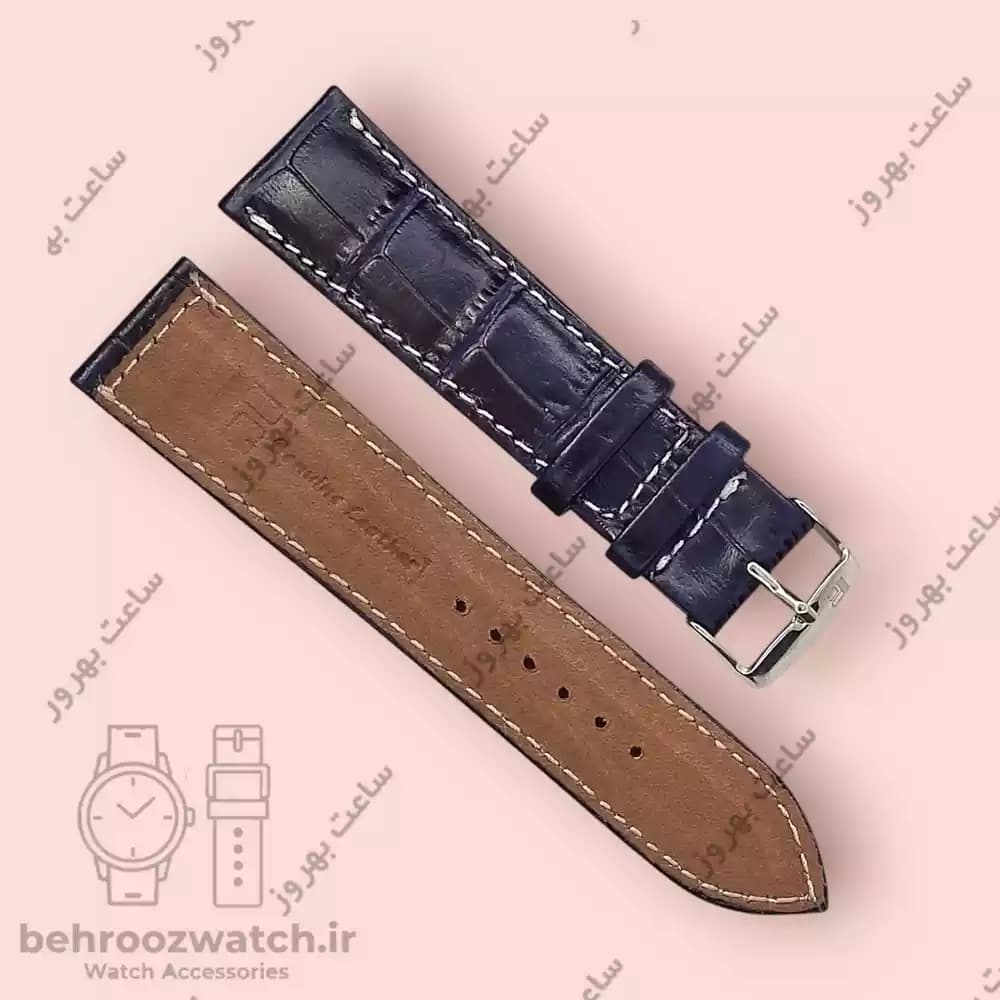 بند ساعت چرم طبیعی PG طرح کروکودیل سرمه ای دوخت سفید (سایز 22) — تصویر ۴