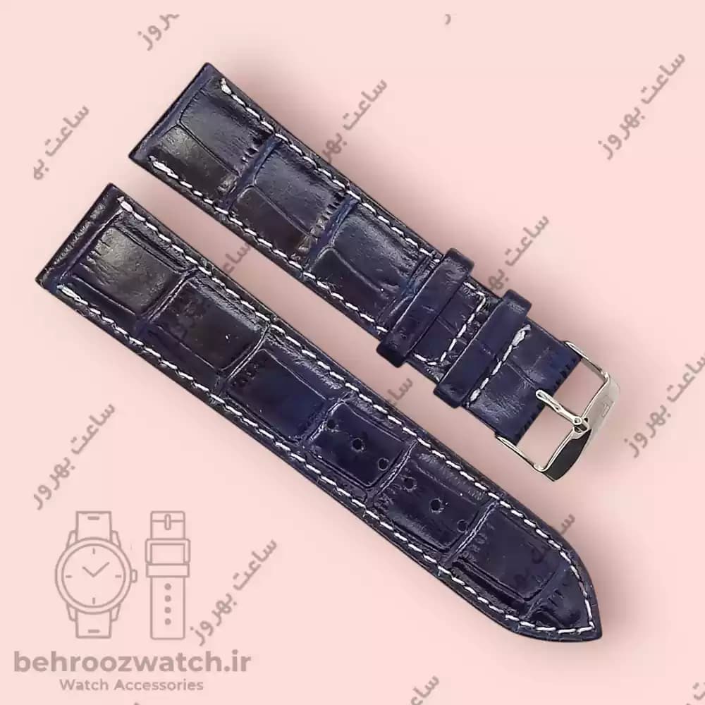 بند ساعت چرم طبیعی PG طرح کروکودیل سرمه ای دوخت سفید (سایز 22) — تصویر ۲