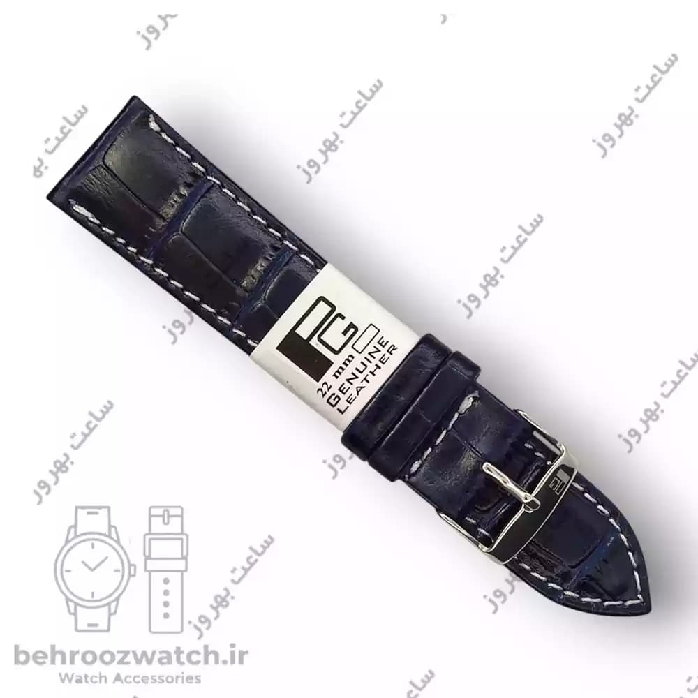بند ساعت چرم طبیعی PG طرح کروکودیل سرمه ای دوخت سفید (سایز 22)