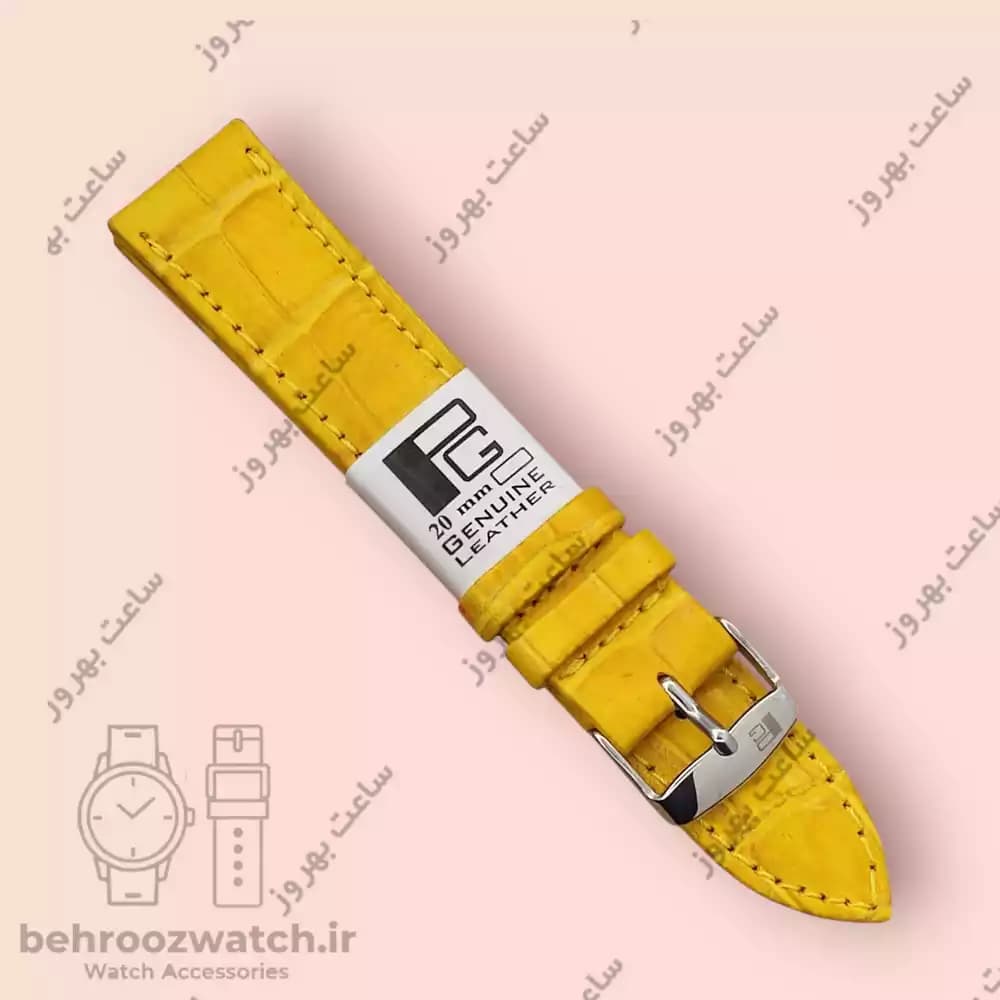 بند ساعت چرم طبیعی PG طرح کروکودیل کهربایی (سایز 20)