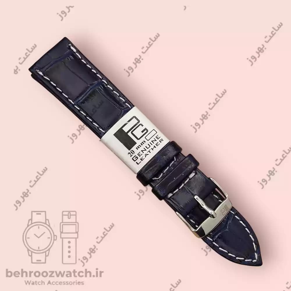 بند ساعت چرم طبیعی PG طرح کروکودیل سرمه ای دوخت سفید (سایز 20)