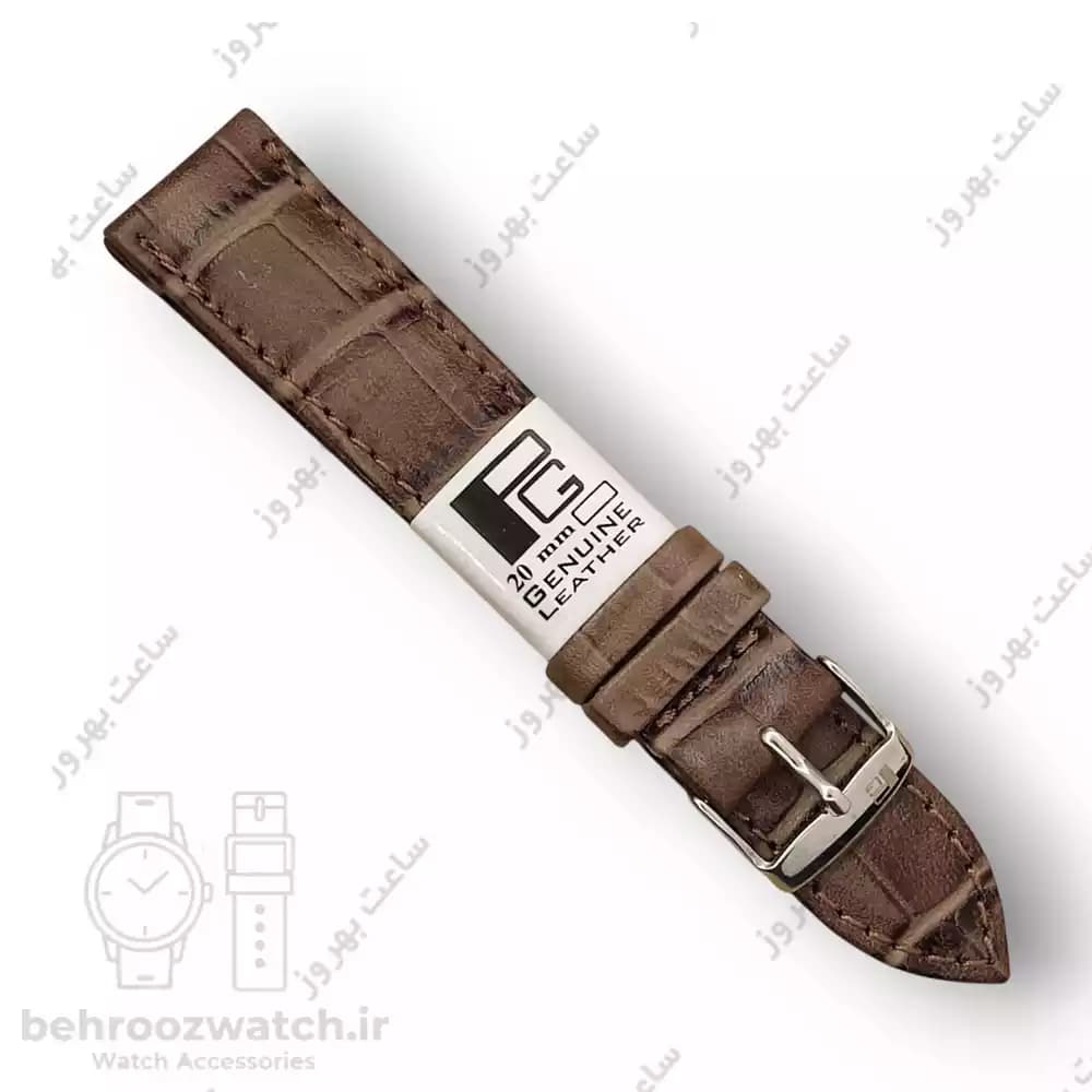 بند ساعت چرم طبیعی PG طرح کروکودیل قهوه ای خاکستری (سایز 20)