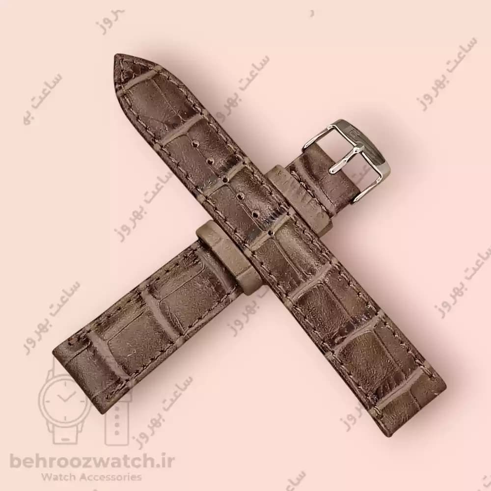 بند ساعت چرم طبیعی PG طرح کروکودیل قهوه ای خاکستری (سایز 20) — تصویر ۴