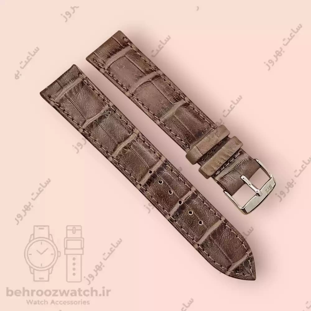 بند ساعت چرم طبیعی PG طرح کروکودیل قهوه ای خاکستری (سایز 20) — تصویر ۲