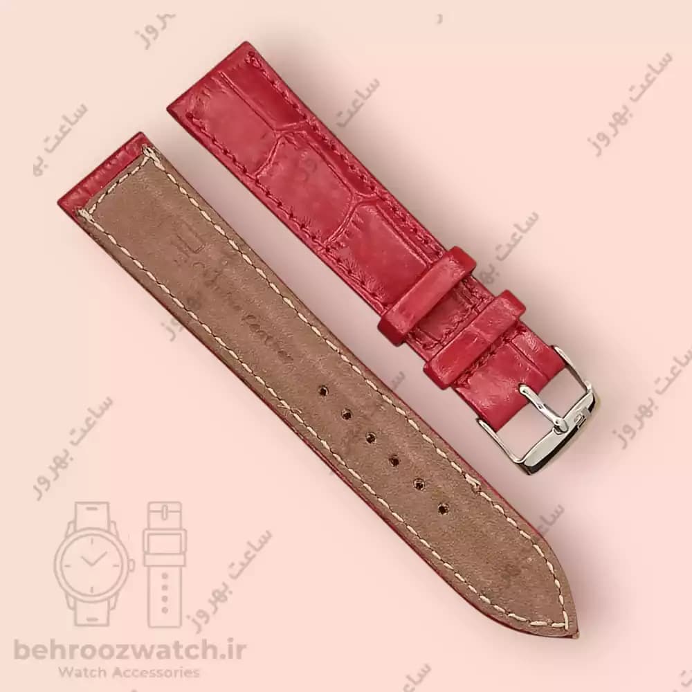 بند ساعت چرم طبیعی PG طرح کروکودیل قرمز تند (سایز 20) — تصویر ۳
