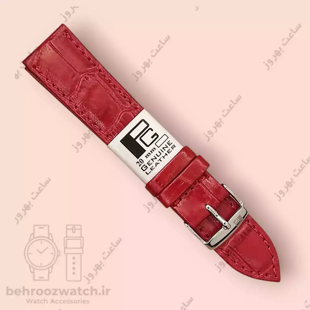 بند ساعت چرم طبیعی PG طرح کروکودیل قرمز تند (سایز 20)