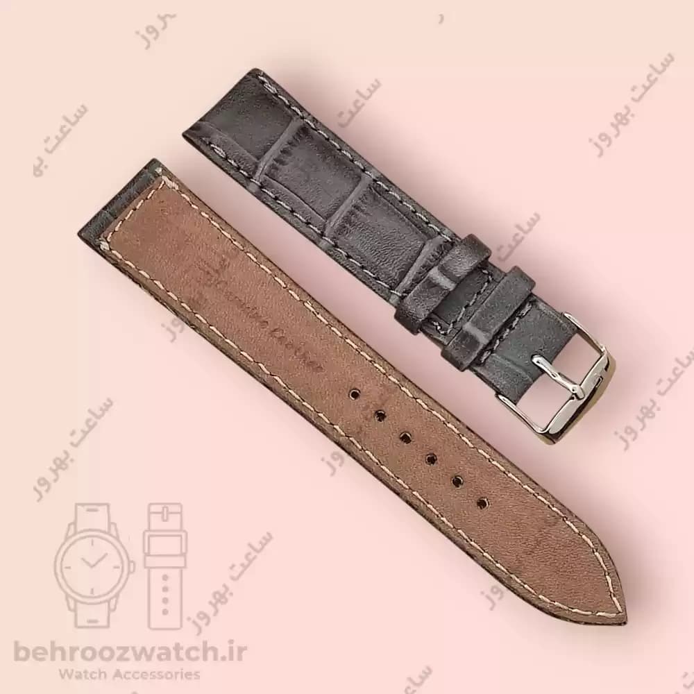 بند ساعت چرم طبیعی PG طرح کروکودیل خاکستری (سایز 20) — تصویر ۳