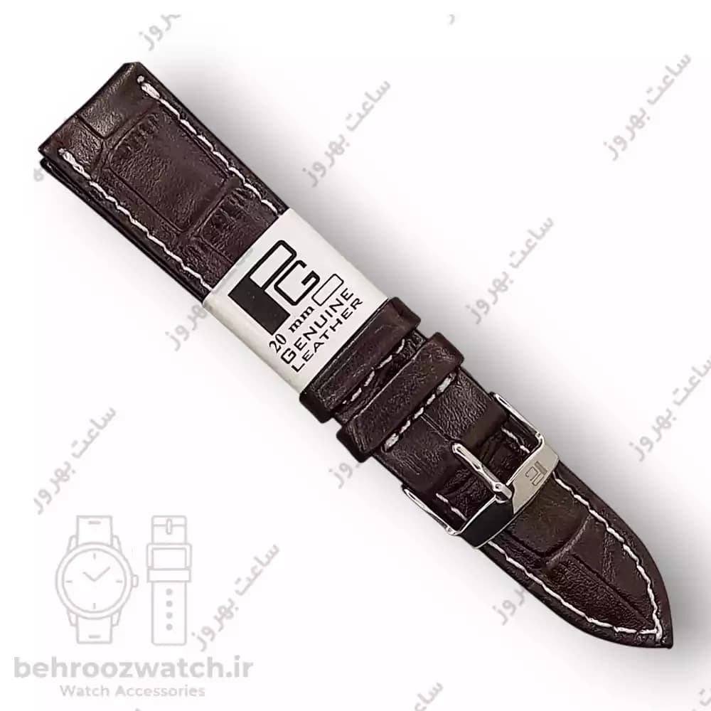 بند ساعت چرم طبیعی PG طرح کروکودیل قهوه ای تیره دوخت سفید (سایز 20)