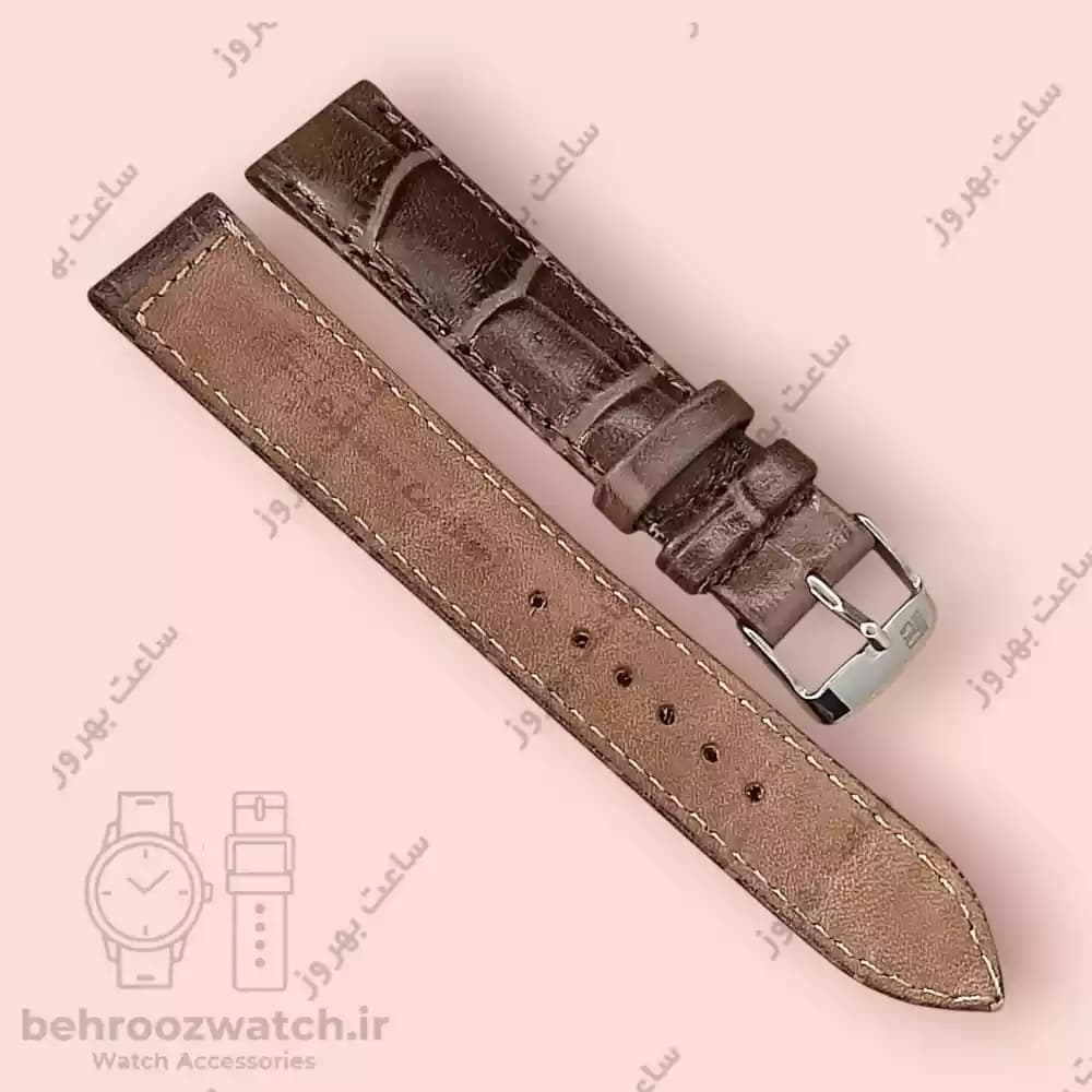 بند ساعت چرم طبیعی PG طرح کروکودیل قهوه ای خاکستری (سایز ۱۸) — تصویر ۳