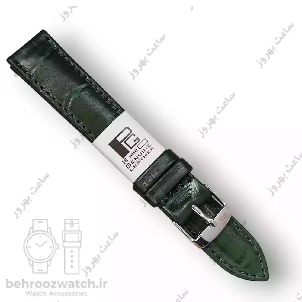 بند ساعت چرم طبیعی PG طرح کروکودیل سبز تیره (سایز ۱۸)