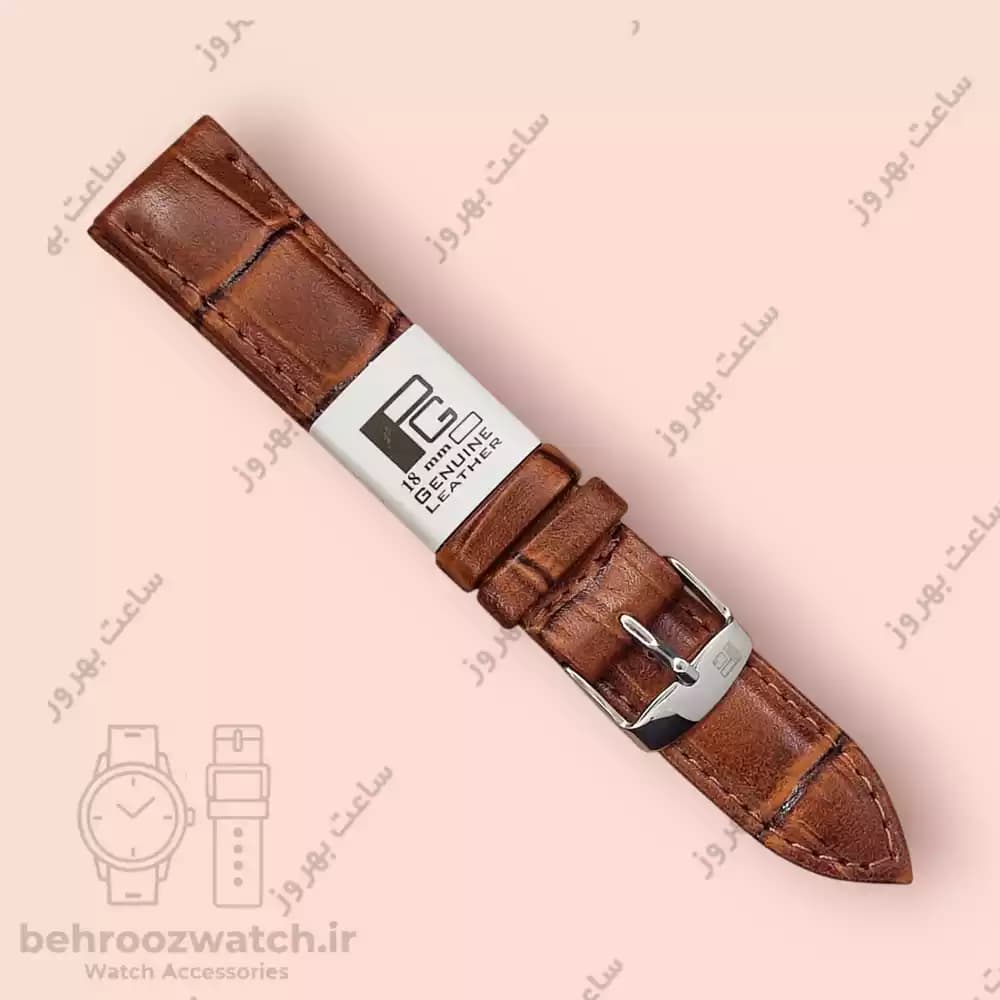 بند ساعت مچی چرم طبیعی قهوه ای متوسط طرح کروکودیل سایز 18