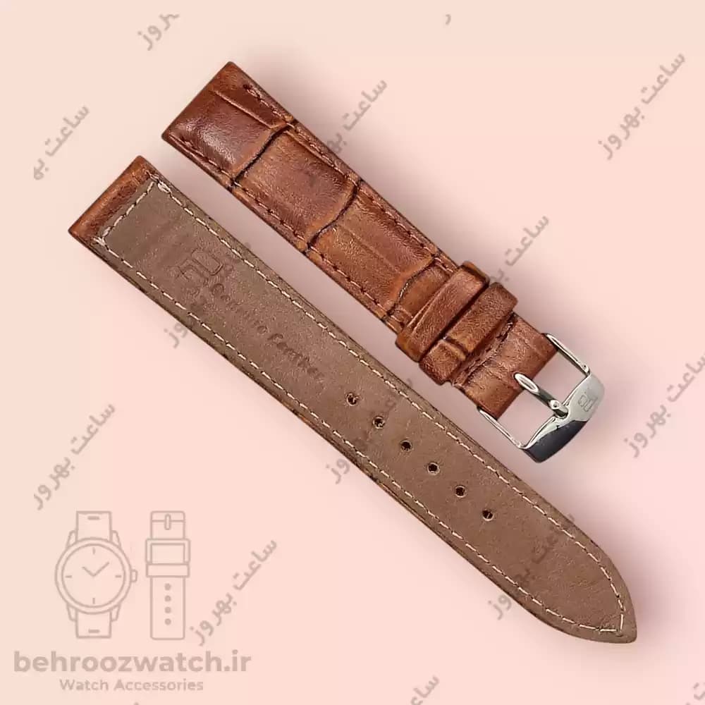 بند ساعت مچی چرم طبیعی قهوه ای متوسط طرح کروکودیل سایز 18 — تصویر ۳