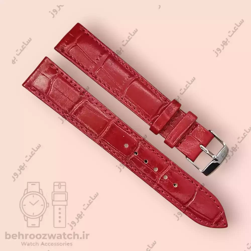 بند ساعت مچی چرم طبیعی PG قرمز تیره طرح کروکودیل سایز 18 — تصویر ۲