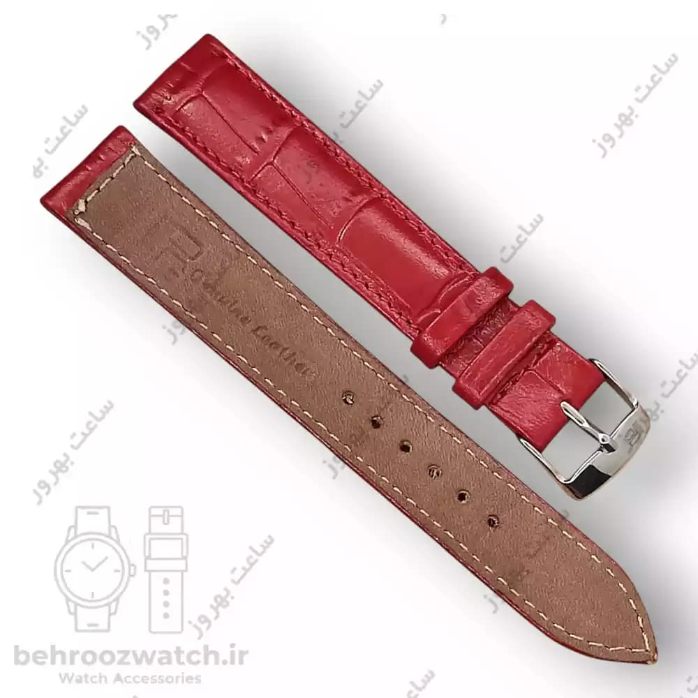 بند ساعت مچی چرم طبیعی PG قرمز تیره طرح کروکودیل سایز 18 — تصویر ۳