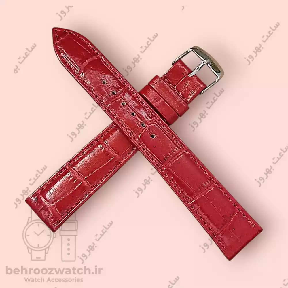 بند ساعت مچی چرم طبیعی PG قرمز تیره طرح کروکودیل سایز 18 — تصویر ۴