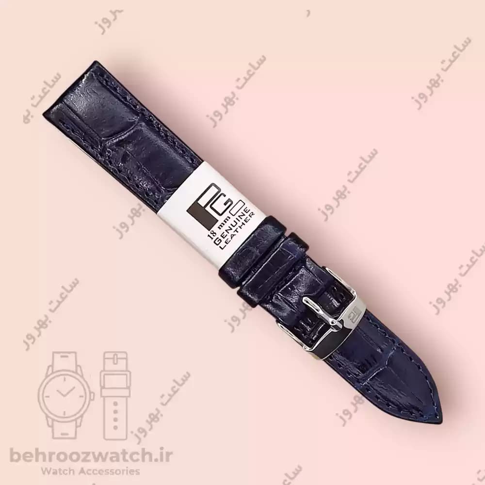 بند ساعت مچی چرم طبیعی PG سرمه ای تیره طرح کروکودیل سایز 18