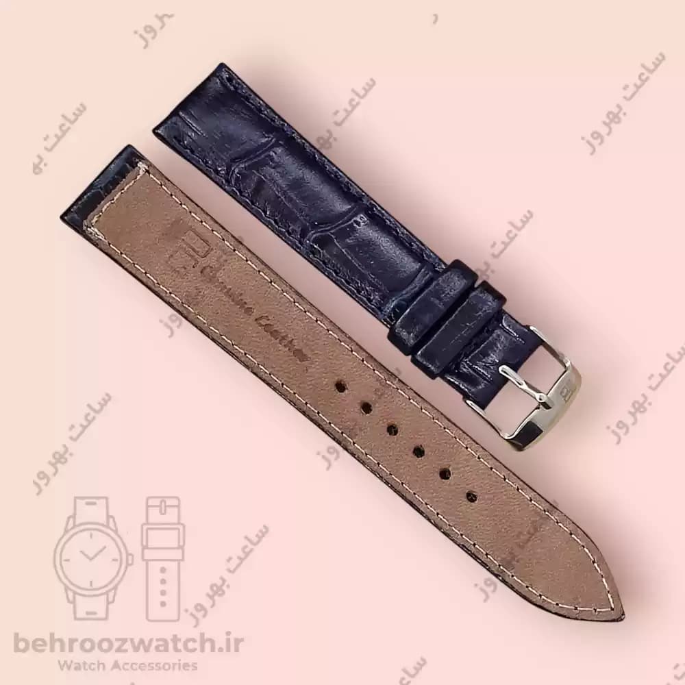 بند ساعت مچی چرم طبیعی PG سرمه ای تیره طرح کروکودیل سایز 18 — تصویر ۳