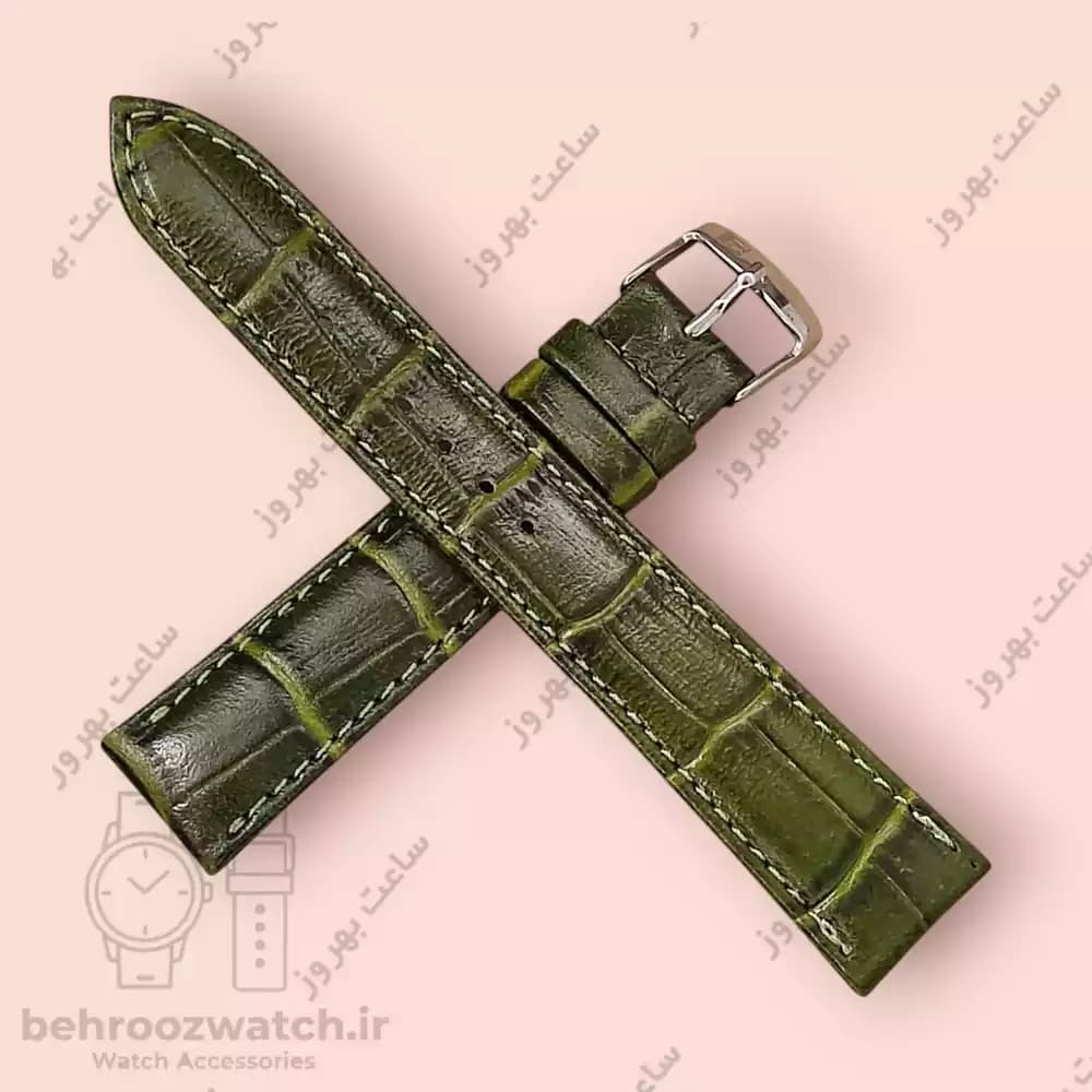 بند ساعت مچی چرم طبیعی PG سبز ارتشی طرح کروکودیل سایز 18 — تصویر ۴