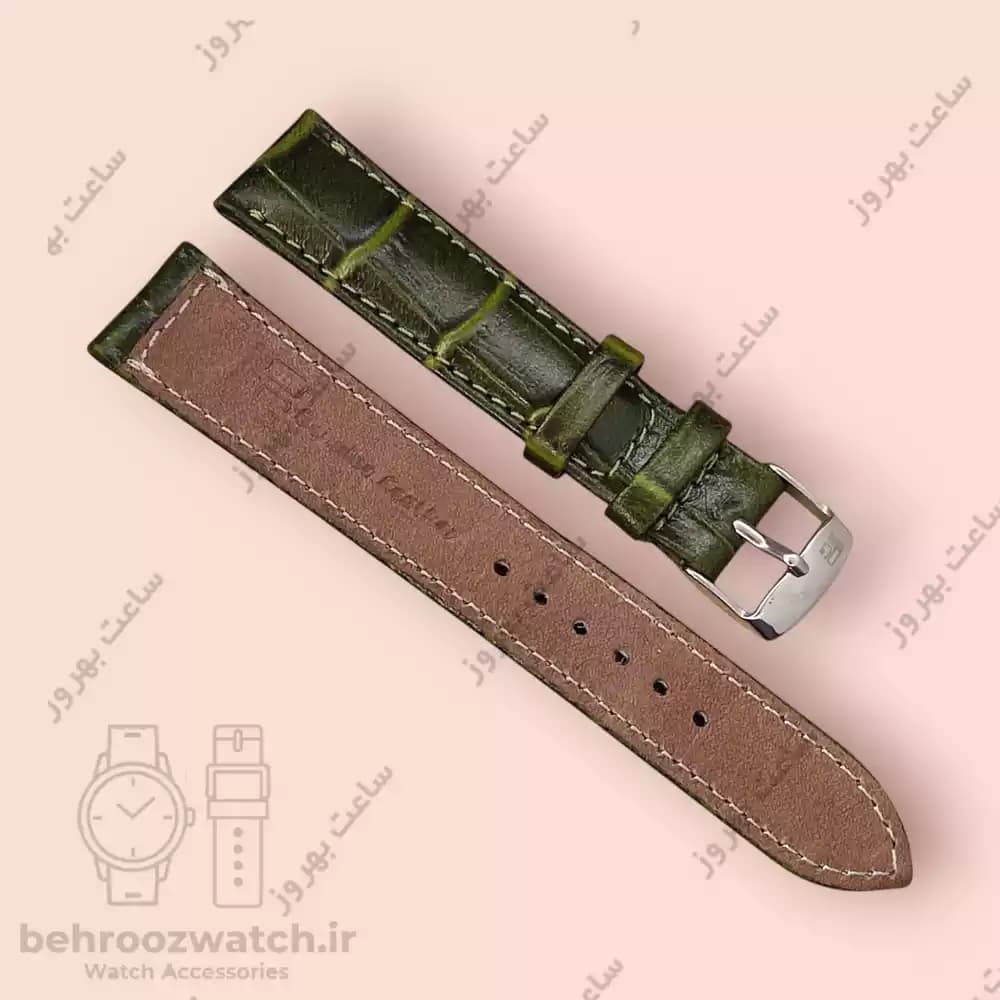 بند ساعت مچی چرم طبیعی PG سبز ارتشی طرح کروکودیل سایز 18 — تصویر ۲