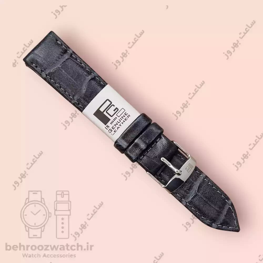 بند ساعت مچی چرم طبیعی PG دودی طرح کروکودیل سایز 18