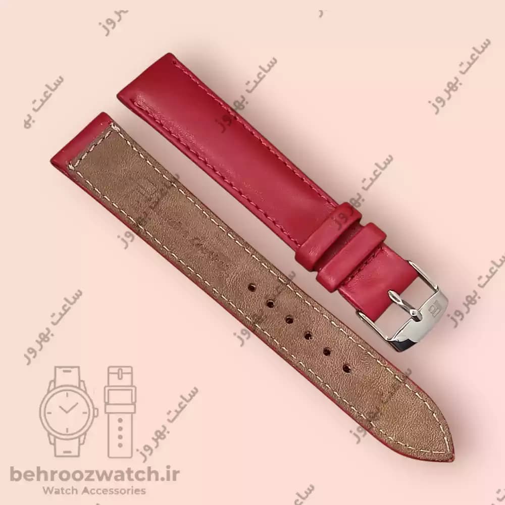 بند ساعت مچی چرم طبیعی PG سایز ۱۸ قرمز تند — تصویر ۳