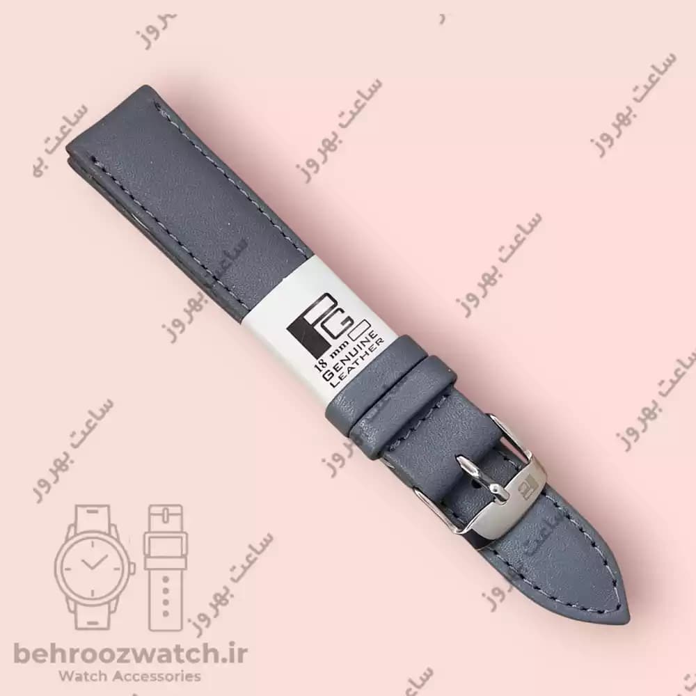 بند ساعت مچی چرم طبیعی PG سایز ۱۸ خاکستری – با کیفیت و شیک