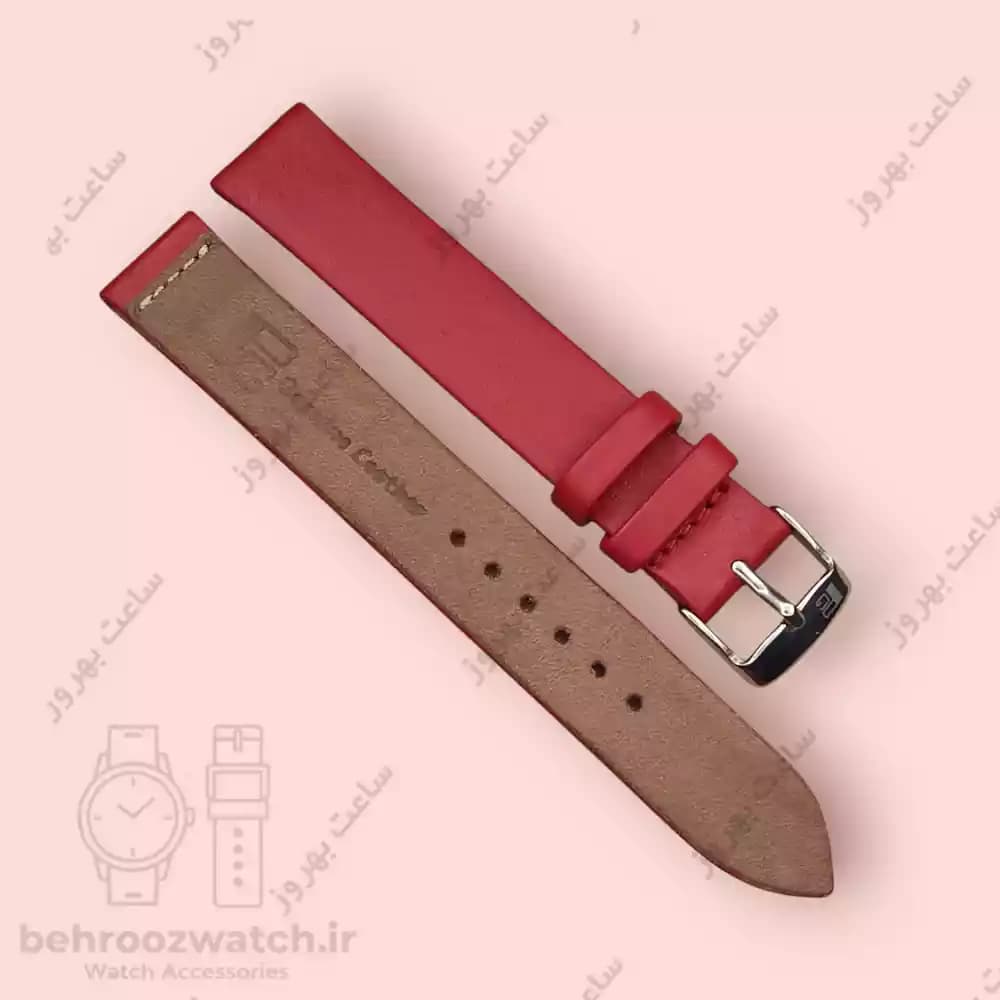 بند ساعت مچی زنانه چرم طبیعی PG سایز ۱۶ قرمز تیره ساده — تصویر ۳