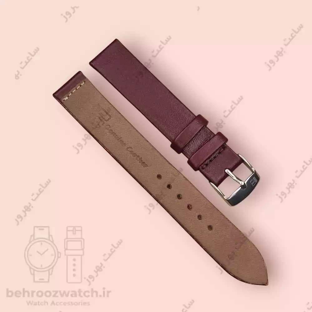 بند ساعت مچی زنانه چرم طبیعی PG ساده بدون دوخت عنابی تند سایز 16 — تصویر ۳