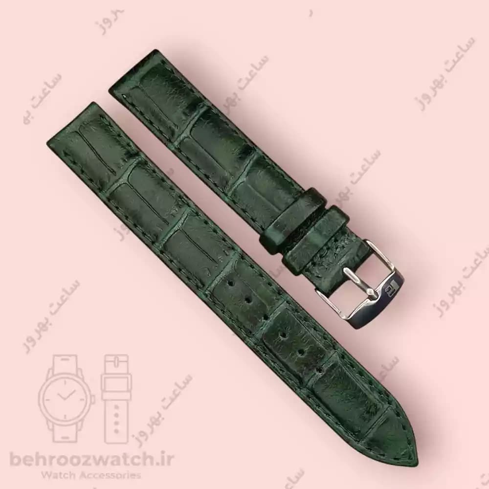 بند ساعت مچی زنانه چرم طبیعی PG طرح کروکودیلی سبز سایز 16 — تصویر ۲