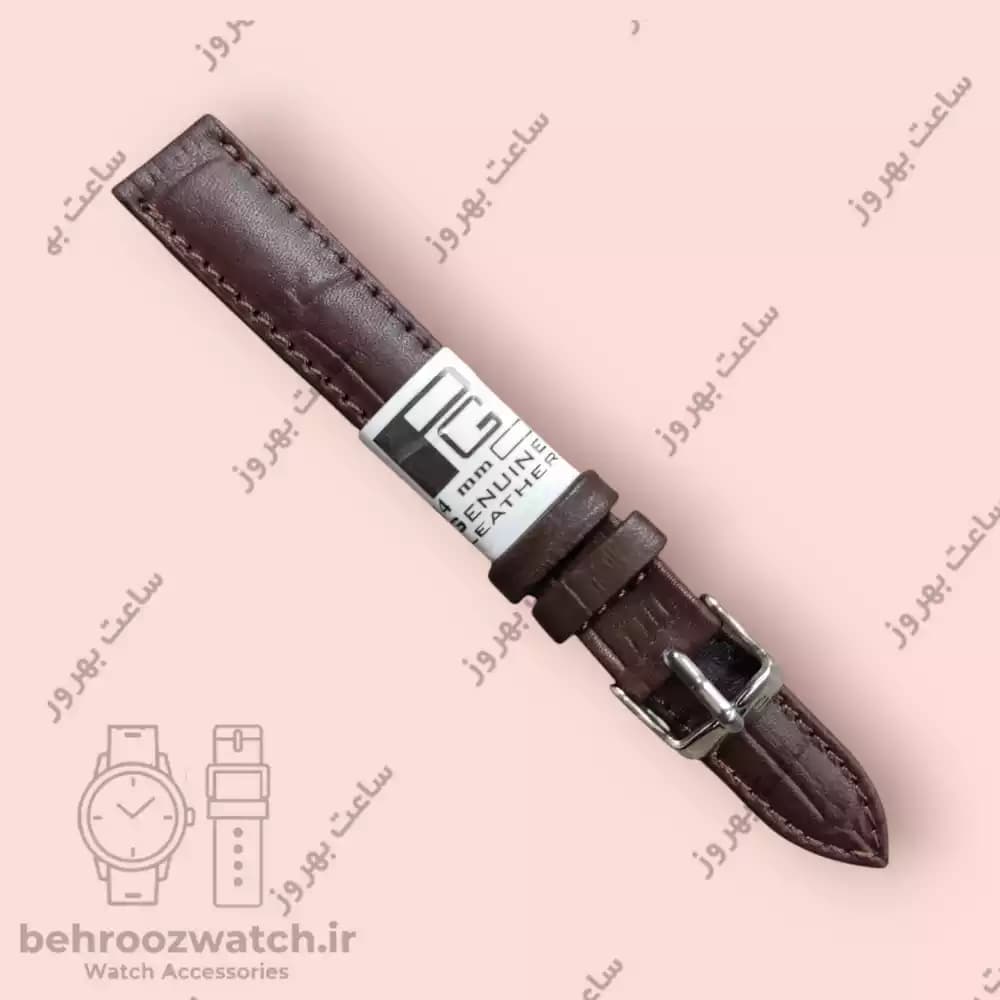 بند ساعت مچی زنانه چرم طبیعی PG طرح کروکودیلی قهوه ای سایز 14