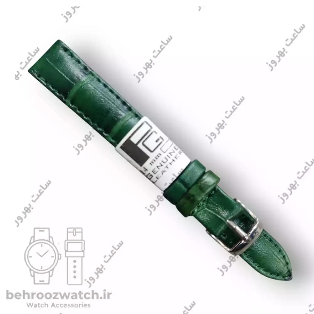 بند ساعت مچی زنانه چرم طبیعی PG طرح کروکودیلی سبز سایز 14