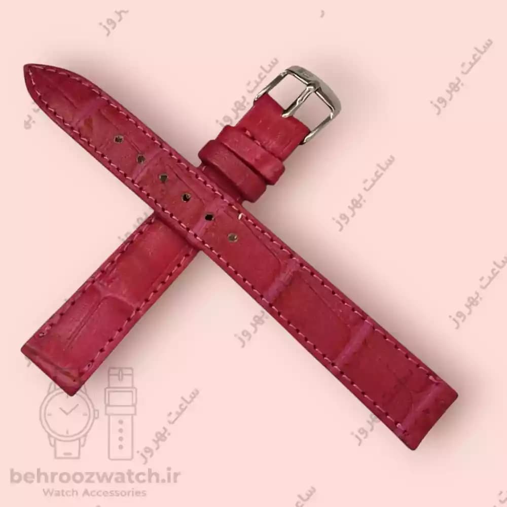 بند ساعت مچی زنانه چرم طبیعی PG طرح کروکودیلی زرشکی سایز 14 — تصویر ۳