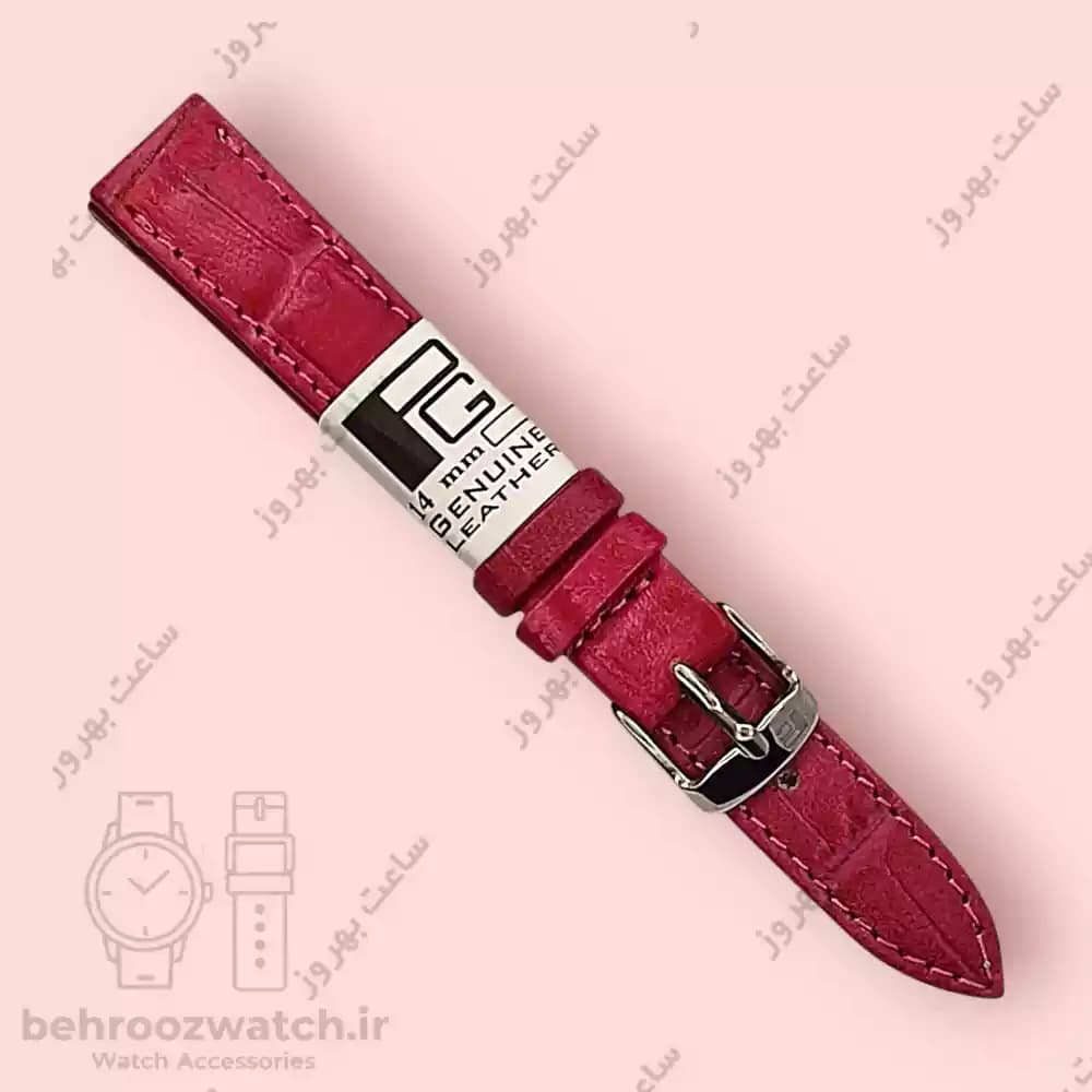 بند ساعت مچی زنانه چرم طبیعی PG طرح کروکودیلی زرشکی سایز 14