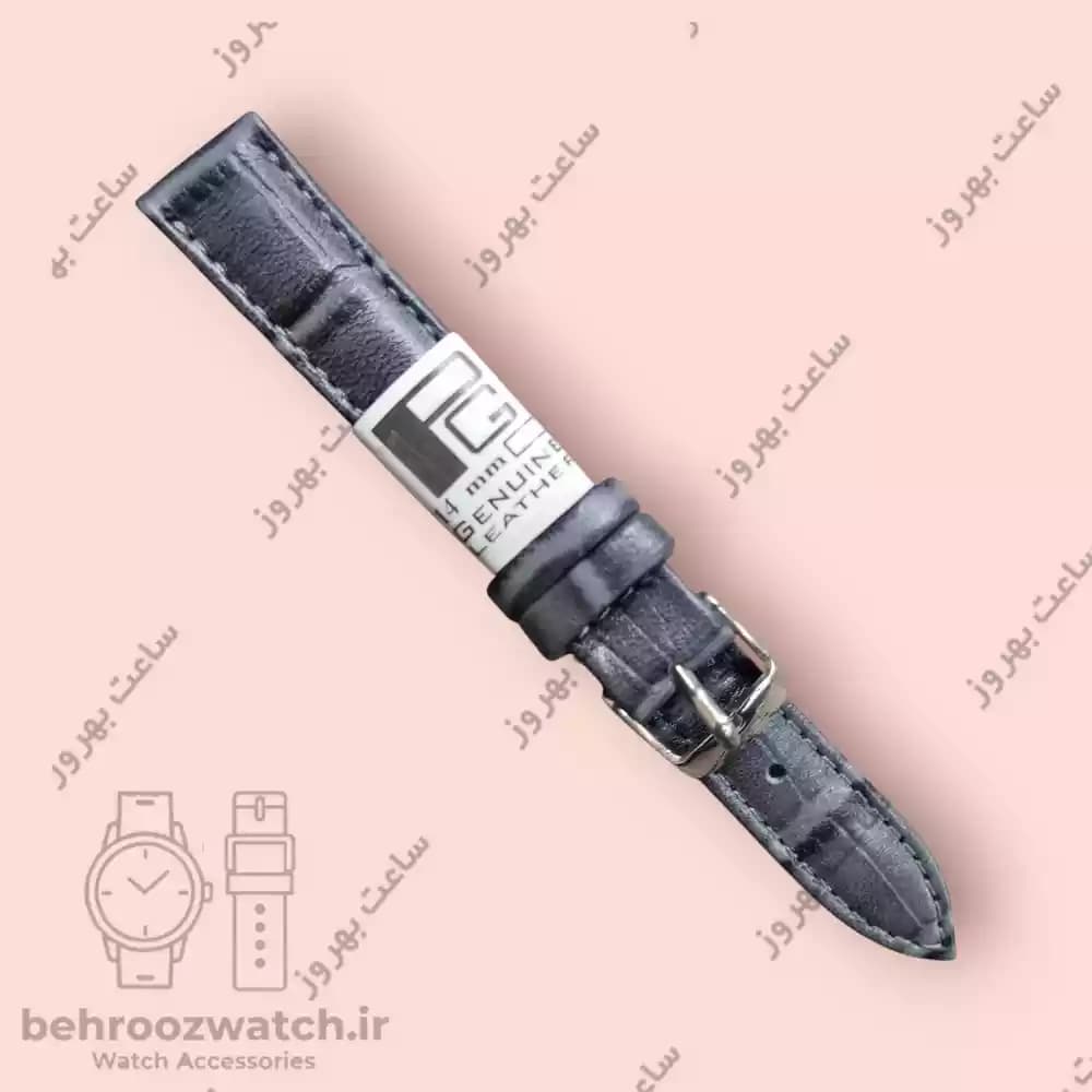 بند ساعت مچی زنانه چرم طبیعی PG طرح کروکودیلی خاکستری سایز 14