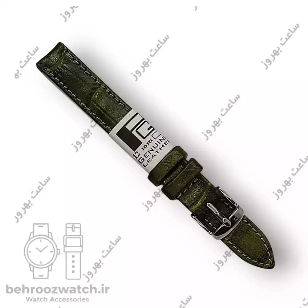 بند ساعت مچی زنانه چرم طبیعی PG طرح دار سبز ارتشی سایز 12