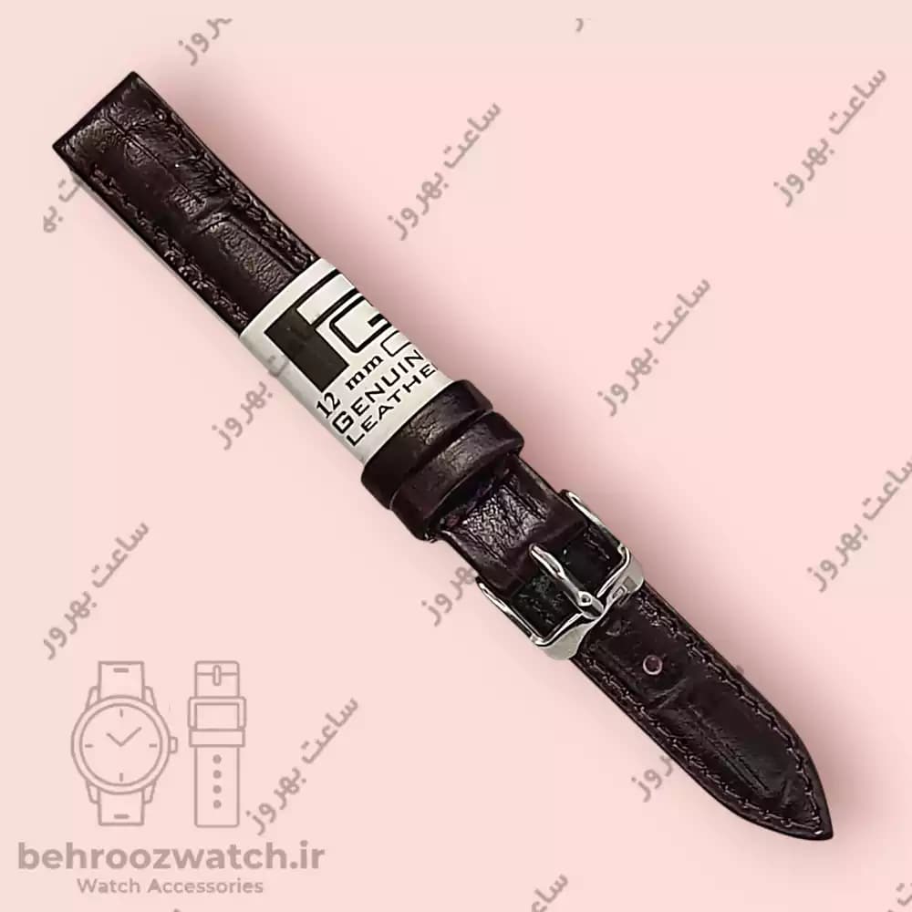 بند ساعت مچی زنانه چرم طبیعی PG طرح دار قهوه ای آلبالوبی سایز 12