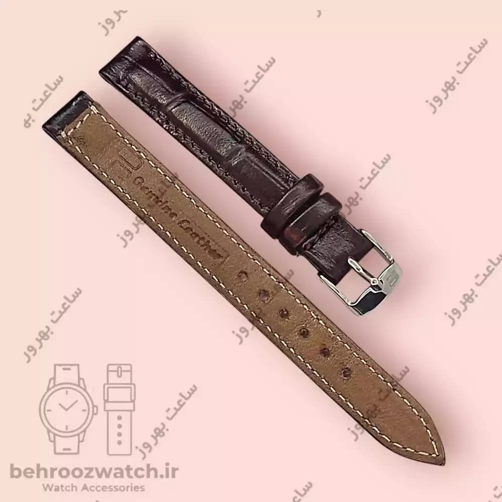 بند ساعت مچی زنانه چرم طبیعی PG طرح دار قهوه ای آلبالوبی سایز 12 — تصویر ۳