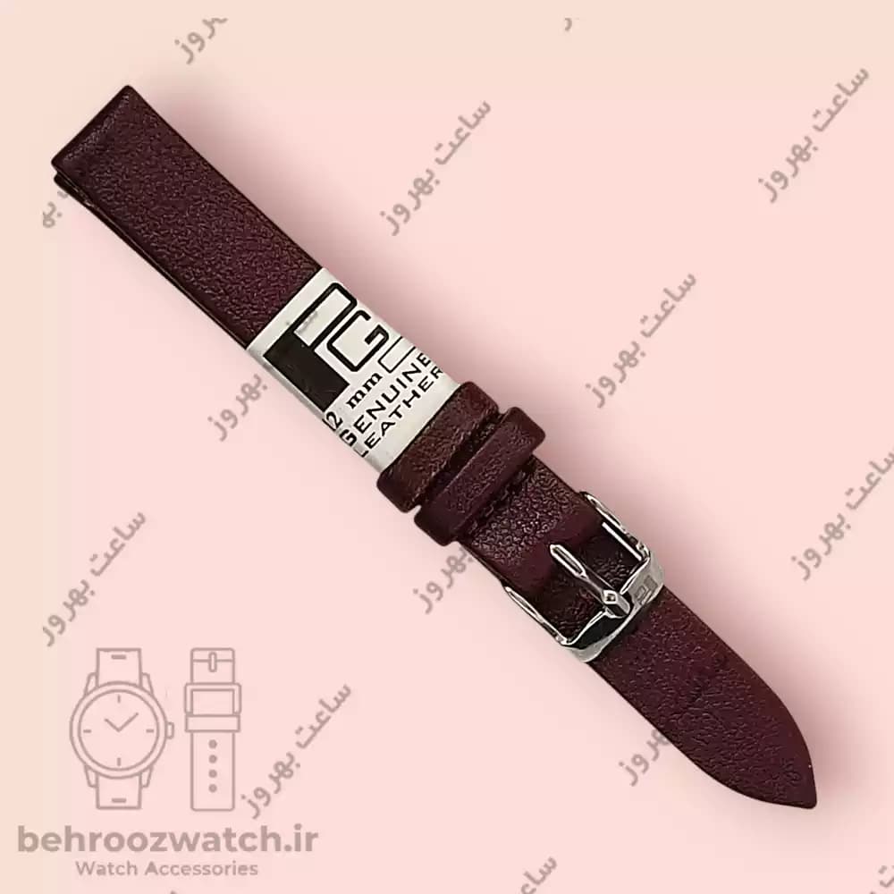 بند ساعت مچی زنانه چرم طبیعی PG ساده بدون دوخت آلبالویی سایز 12