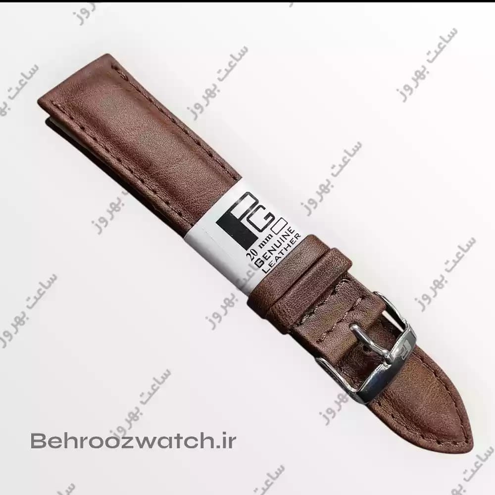 بند ساعت مچی مردانه چرم طبیعی PG ساده قهوه ای متوسط سایز 20