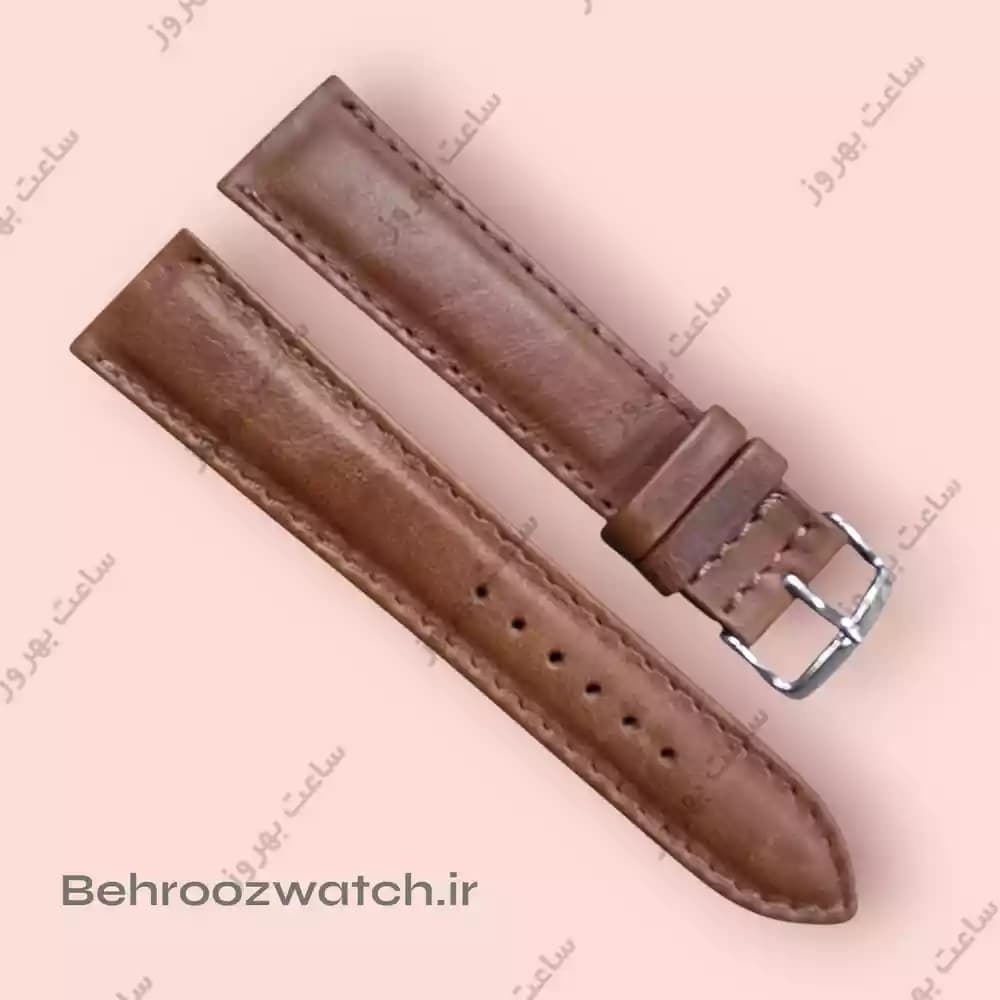 بند ساعت مچی مردانه چرم طبیعی PG ساده قهوه ای متوسط سایز 20 — تصویر ۲