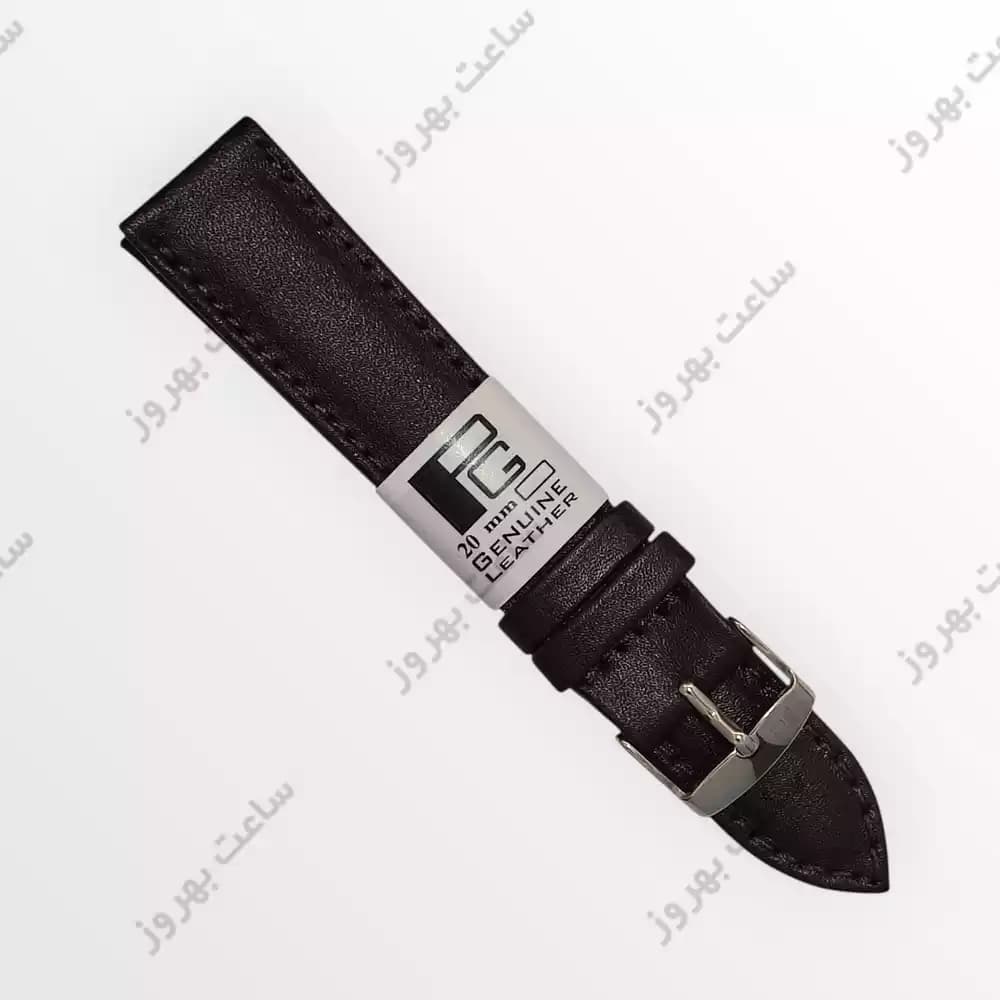 بند ساعت مچی مردانه چرم طبیعی PG ساده قهوه ای تیره سایز 20