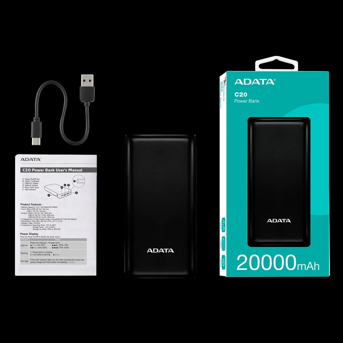 پاور بانک ای دیتا 20000 میلی آمپر ADATA C20 — تصویر ۶