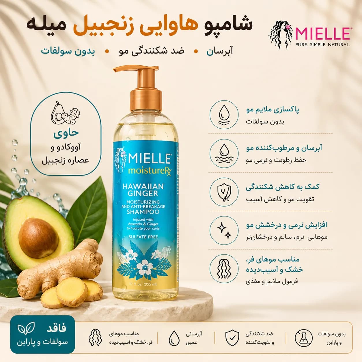 شامپو هاوایی زنجبیل میله Mielle آبرسان و ضد شکنندگی — تصویر ۲