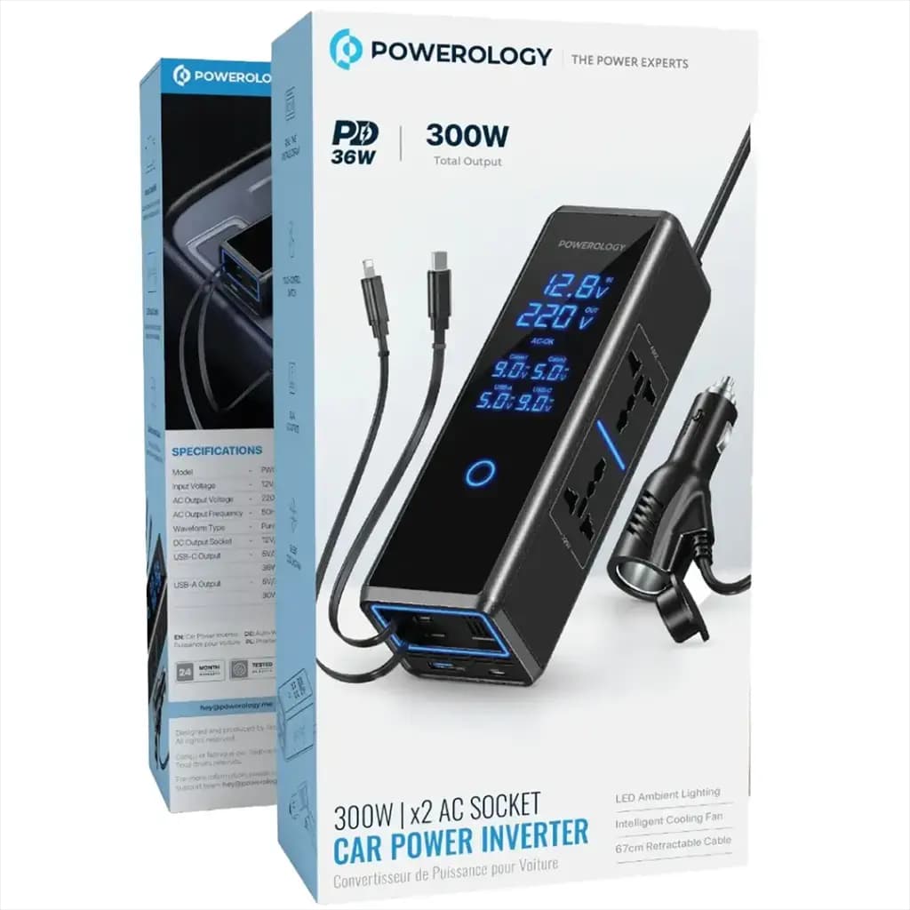 اینورتر فندکی خودرو 300 واتی پاورولوژی با دو پریز مدل PWCPI300W — تصویر ۲