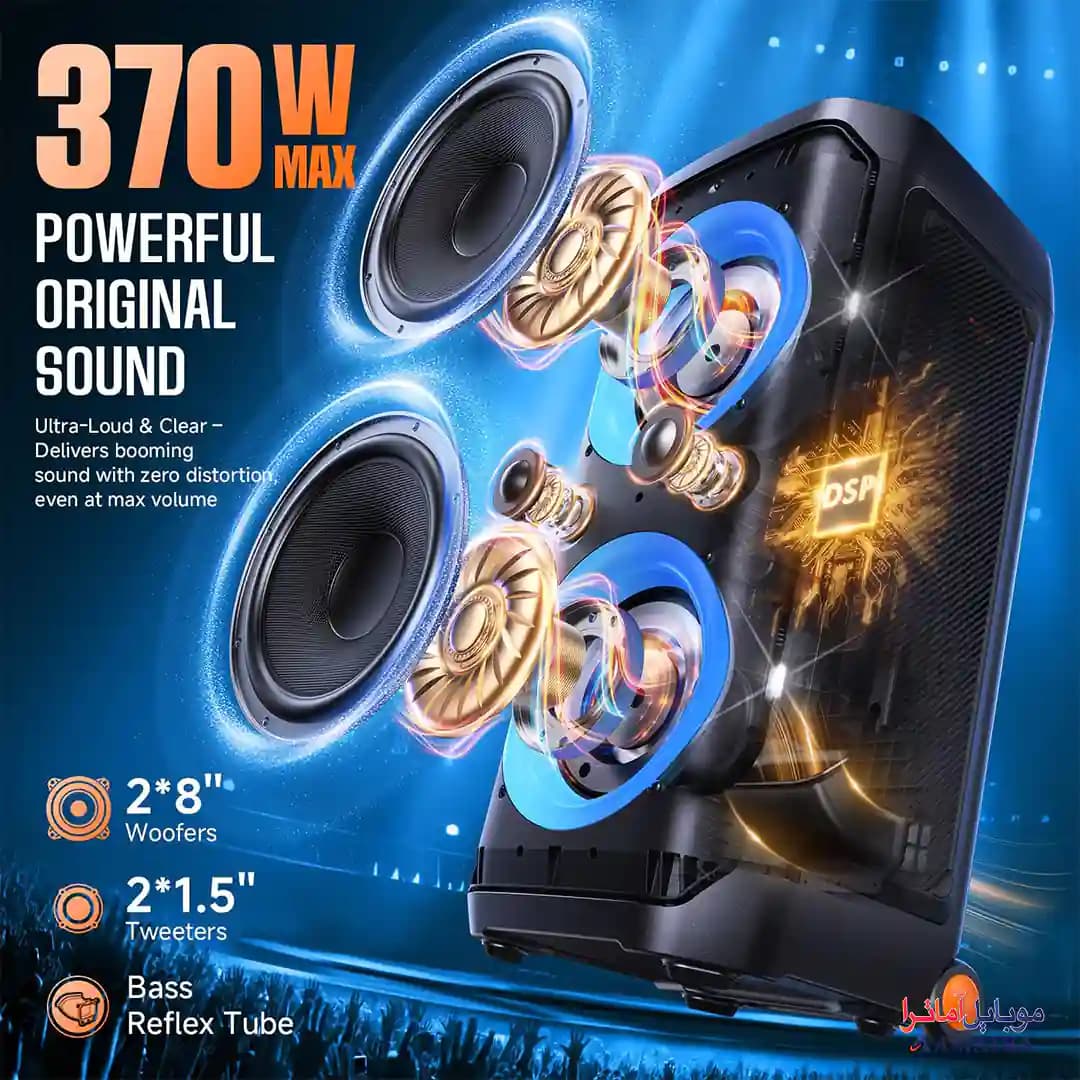پارتی باکس 370 وات دبلیو کینگ همراه با 2 میکروفن مدل W-King T12 — تصویر ۴