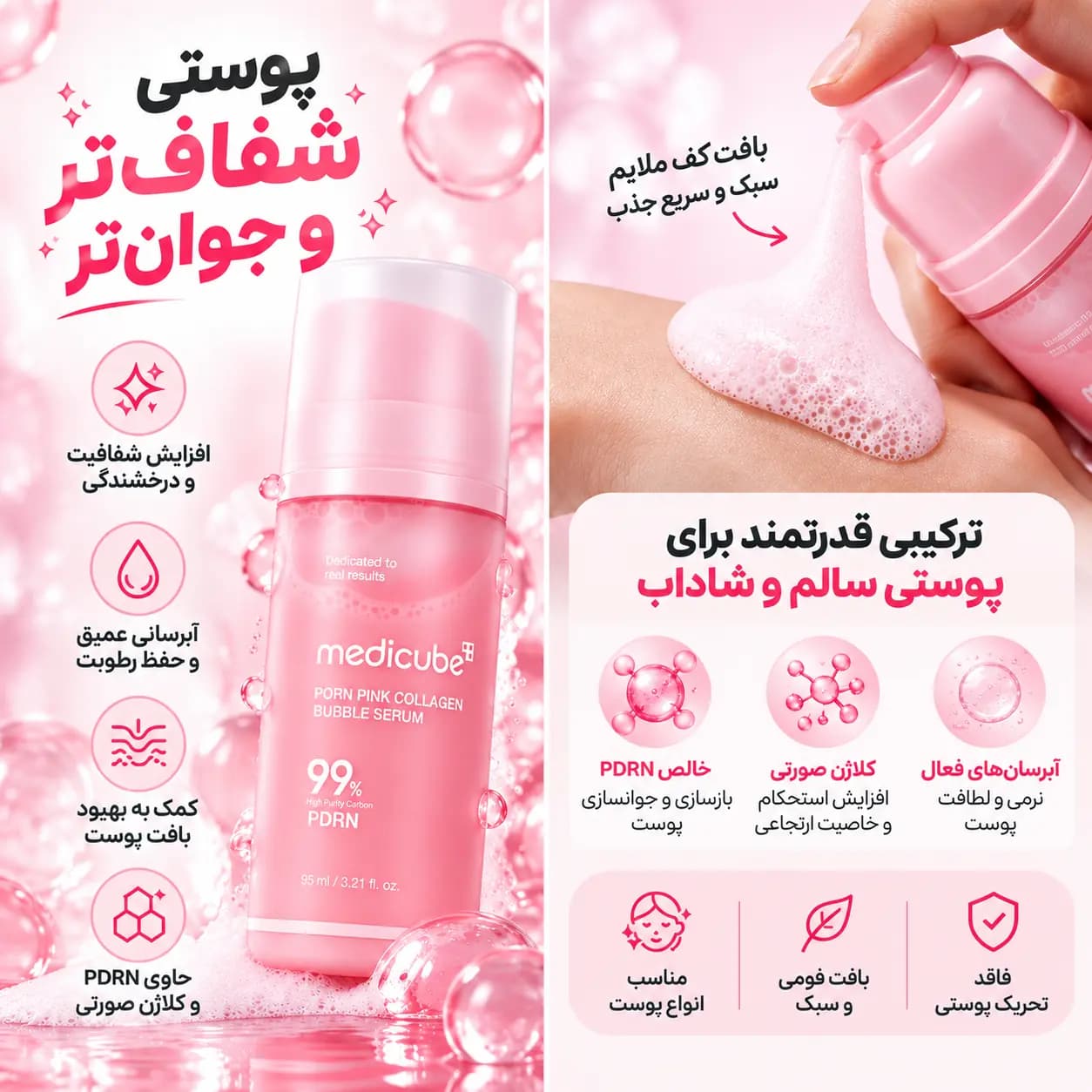 سرم حبابی کلاژن و PDRN صورتی مدی کیوب — تصویر ۸