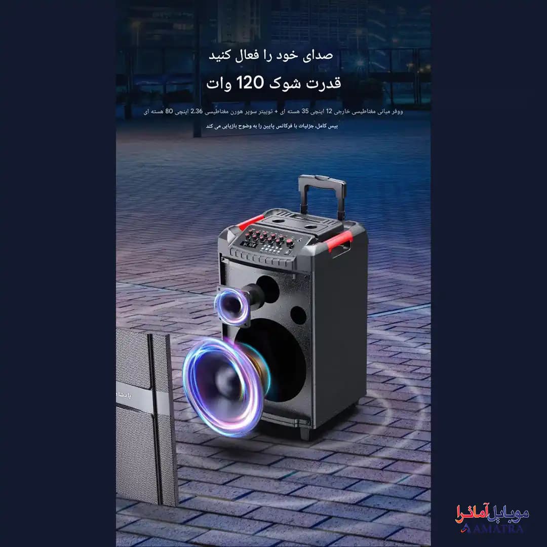 اسپیکر بلوتوثی ۱۲۰ وات دبلیو کینگ به همراه ۲ میکروفون مدل W-King K12 — تصویر ۴
