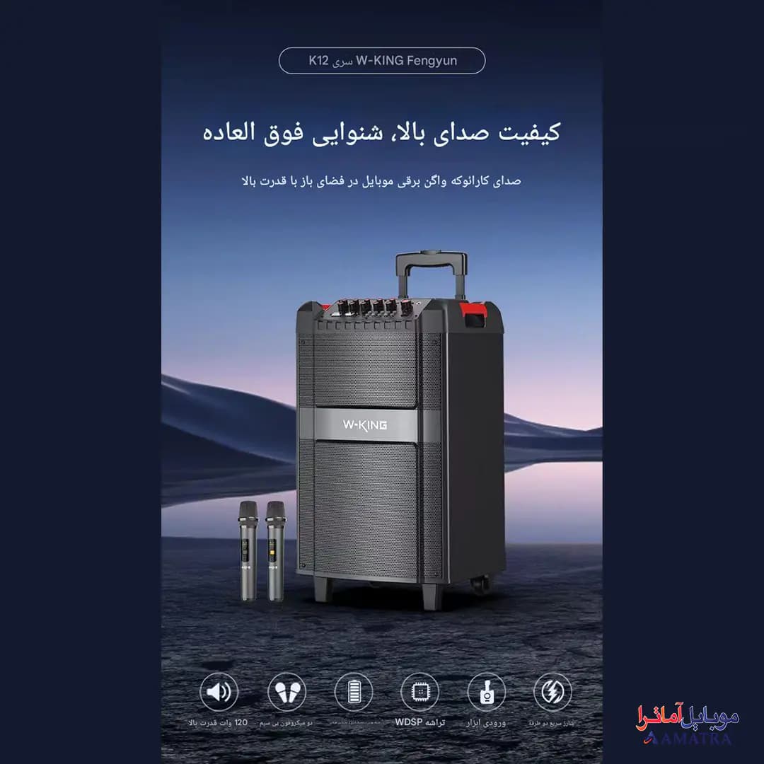 اسپیکر بلوتوثی ۱۲۰ وات دبلیو کینگ به همراه ۲ میکروفون مدل W-King K12 — تصویر ۳