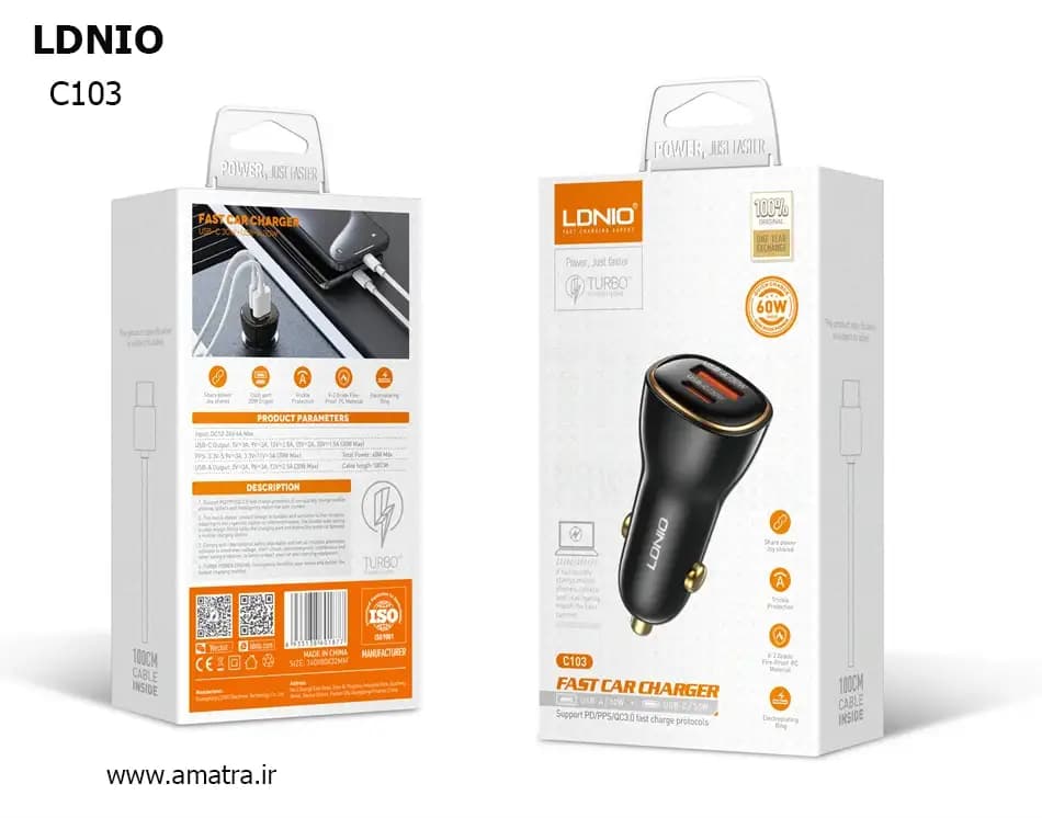 شارژر فندکی ۶۰ وات الدینیو همراه با کابل تایپ سی مدل Ldnio C103