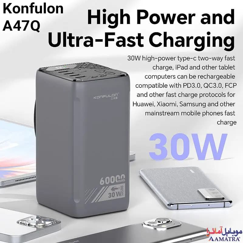 پاوربانک ۶۰۰۰۰ میلی آمپر سوپر فست شارژ ۳۰ وات کانفلون مدل Konfulon A47Q — تصویر ۳